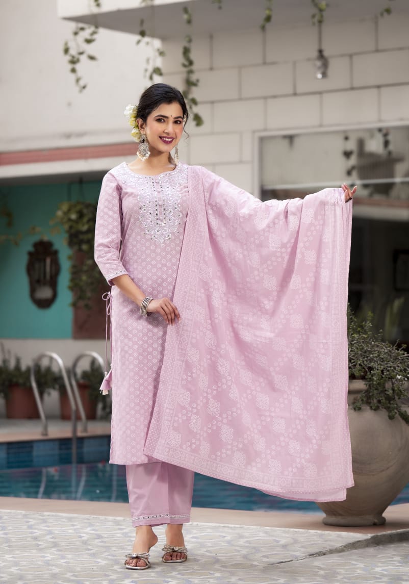 Buy Pink Printed Cotton A-Line Kurta With Dupatta Online at Rs.1589 | Libas